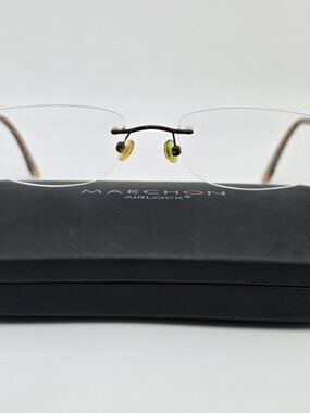 Marchon Airlock 2 AL800/68 019 Brown Checker Rimless Eyeglasses Frame w/ Case